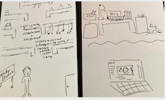 Sketches comparing a student's learning environment before and after COVID.