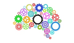 A graphic of different colored gears making the shape of a brain.