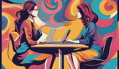 A computer-generated graphic of two women sitting across from each other at a table with laptops open having a conversation.