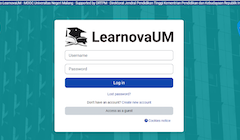 A teal website background with a white log-in box for LearnovaUM prompting users to enter a username and password.