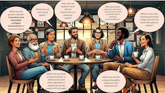 An AI-generated image showing 7 people sitting around a table, each with a speech bubble.