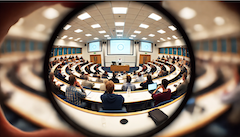 An Ai-generated image showing a lecture hall classroom through the lens of a magnifying glass