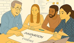 A cartoon showing four people sitting at a table looking at a paper that reads "evidence to innovation"